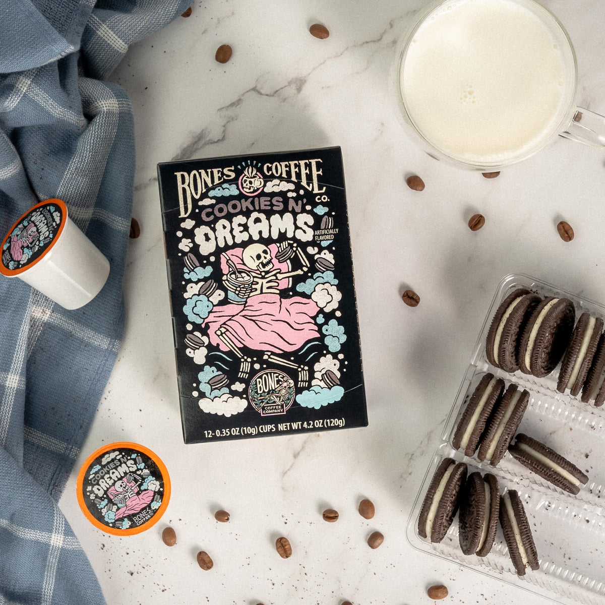Bones Coffee Cookies N Dreams medium roast brew with smooth finish.