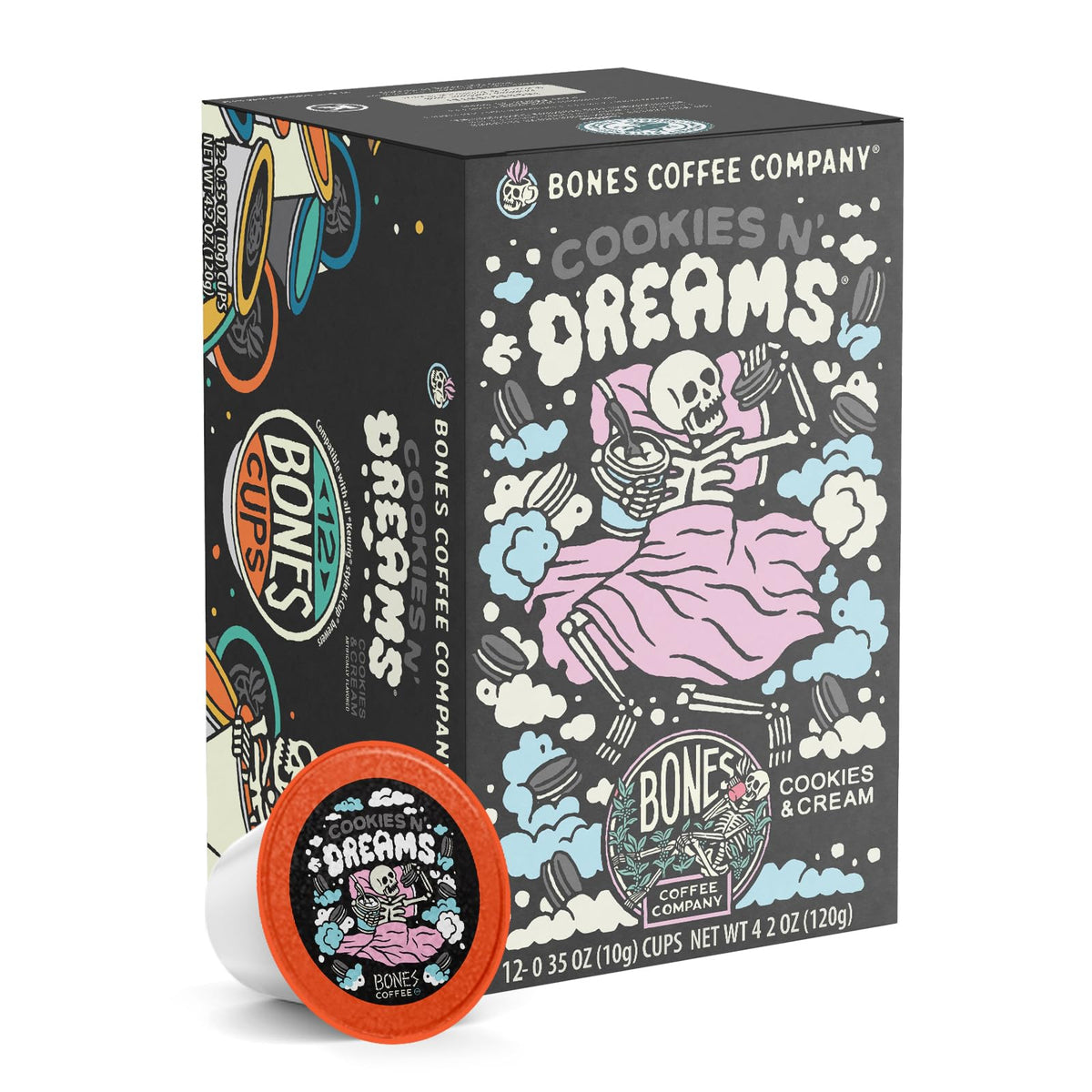 Bones Coffee Cookies N Dreams pod pack ready for quick single-serve brewing.
