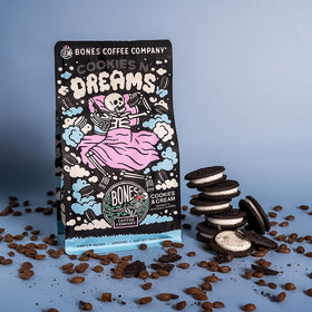 Whole bean Cookies 'N Dreams bag ready for custom grind and French press