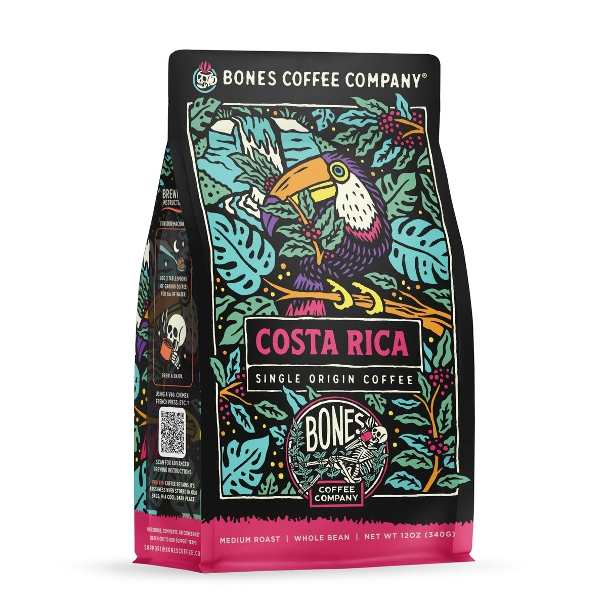 Bones Coffee Costa Rica single-origin bag showing premium aroma for a smooth morning brew