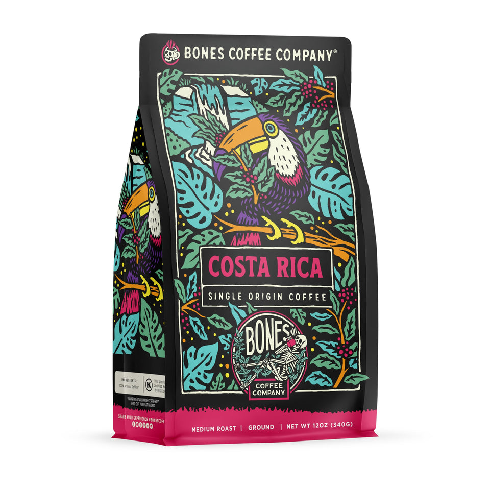 Bones Coffee Costa Rica Tarrazu single-origin beans hint vibrant aroma for morning brew.