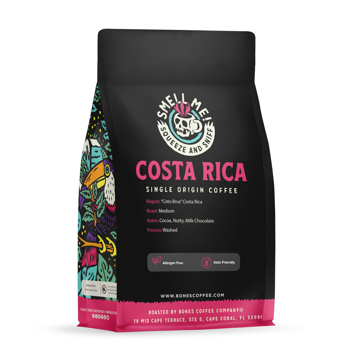 Bones Coffee Costa Rica whole beans ready for grinding to your preferred coarseness