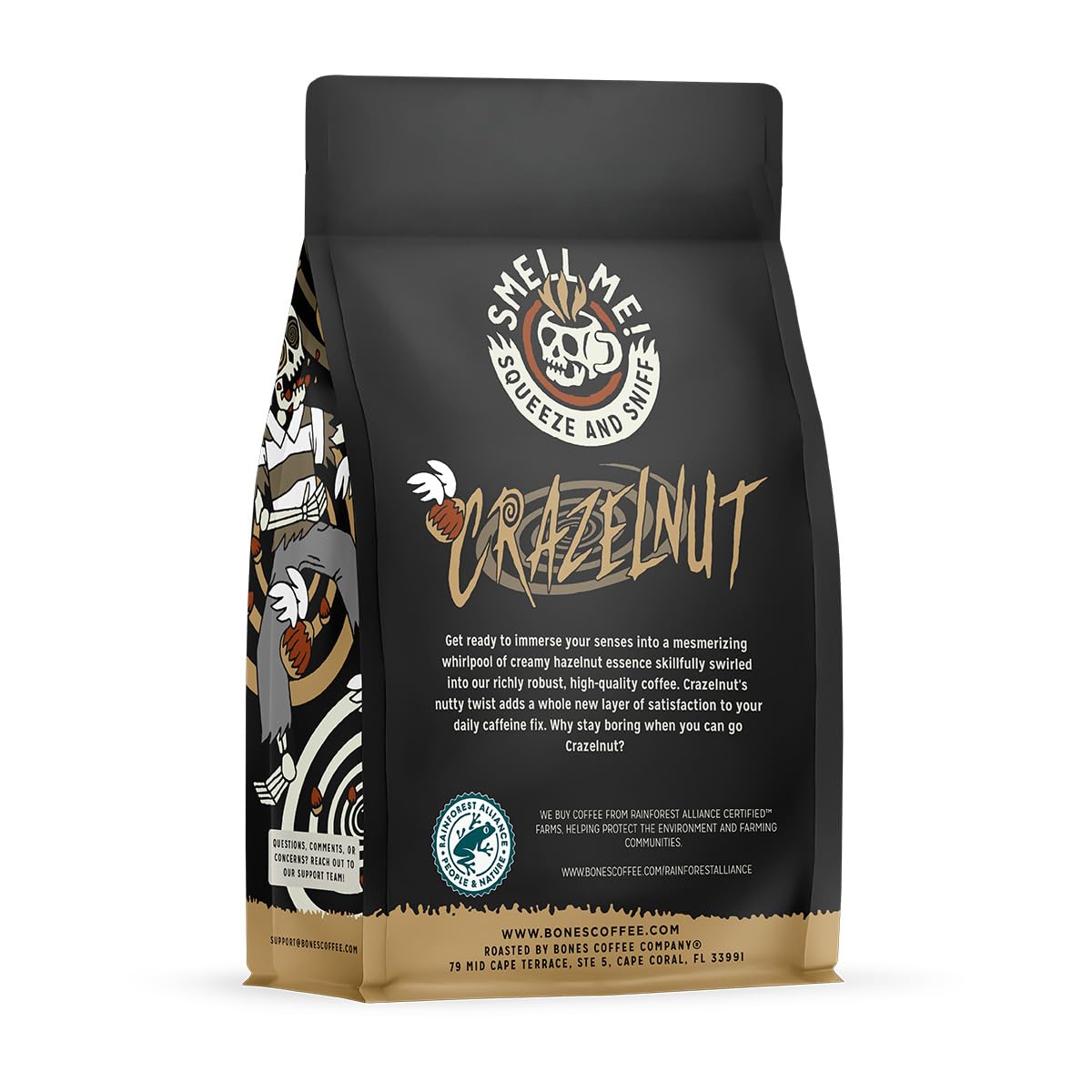 Bones Coffee Crazelnut brew setup shows easy auto drip preparation