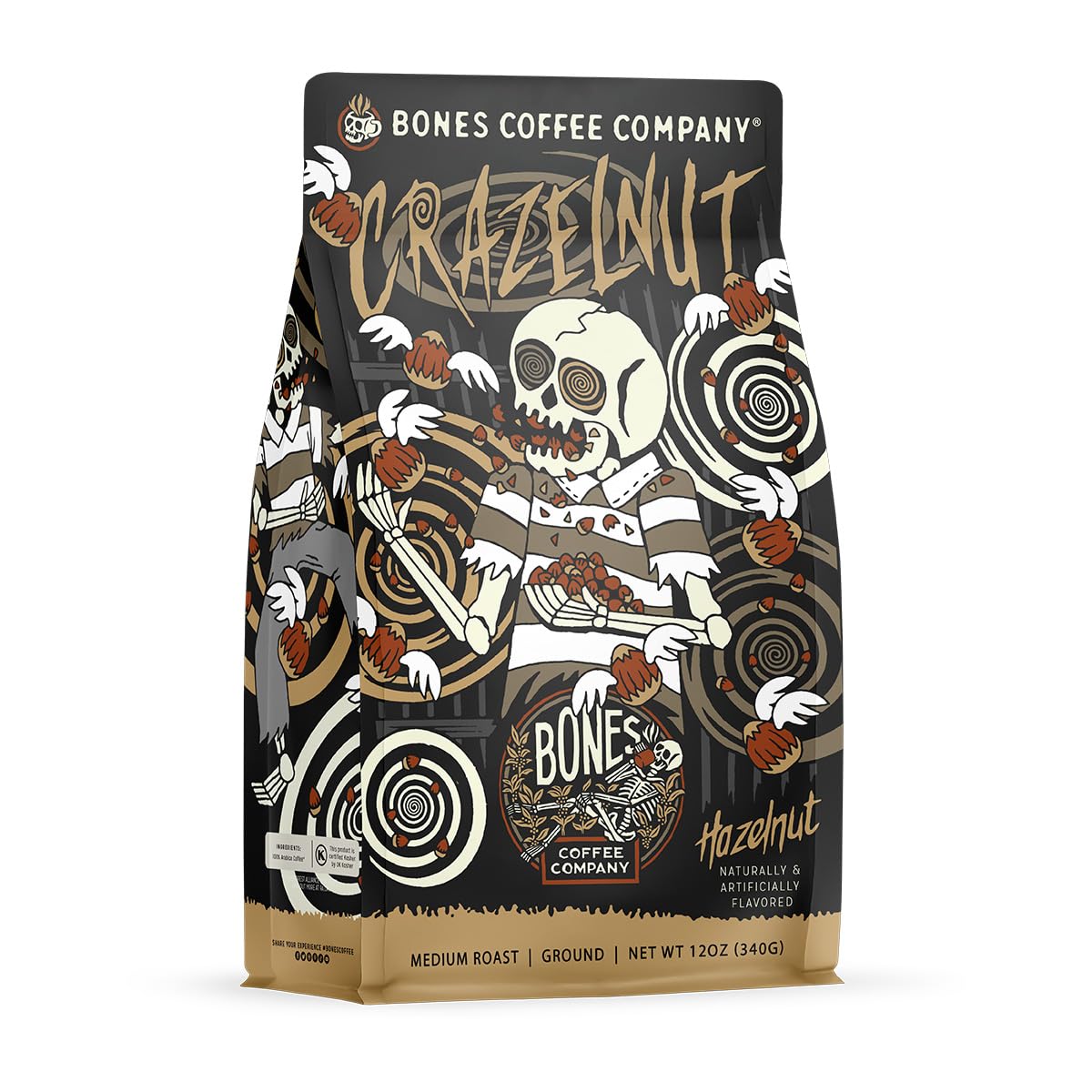 Bones Coffee Crazelnut ground coffee bag with low acidity and hazelnut aroma.