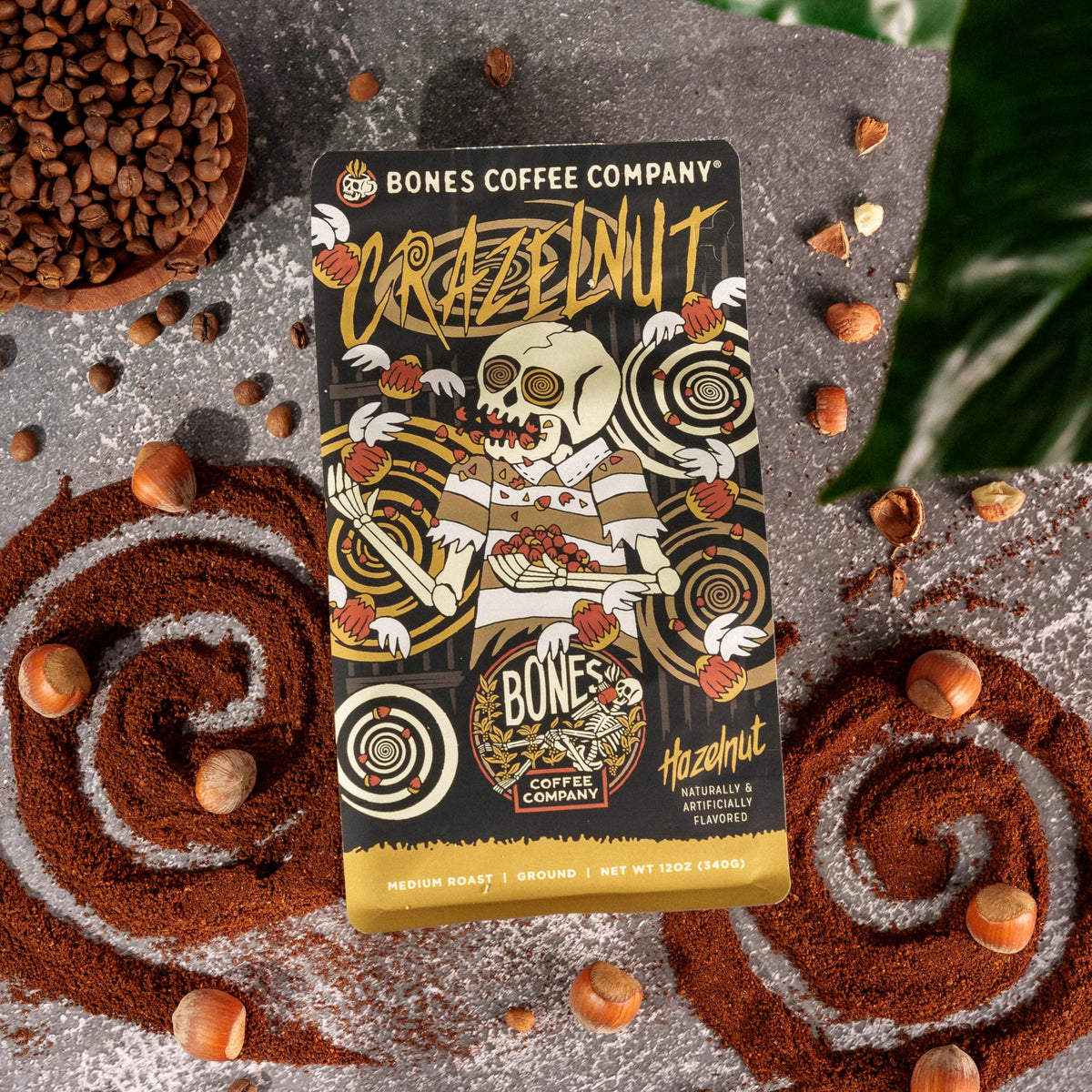 Bones Coffee Crazelnut ground coffee ready for quick drip or pour-over