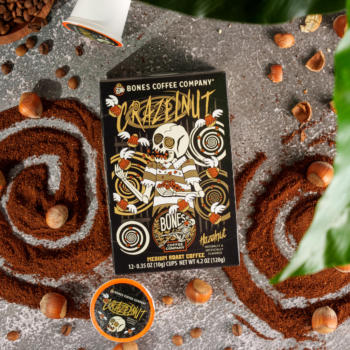 Bones Coffee Crazelnut hazelnut pod packaging highlights recyclable pods for eco-conscious brewing.