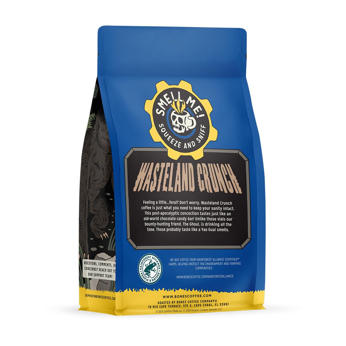 Cup pour of Bones Coffee Fallout Wasteland Crunch highlighting chocolate flavor aroma