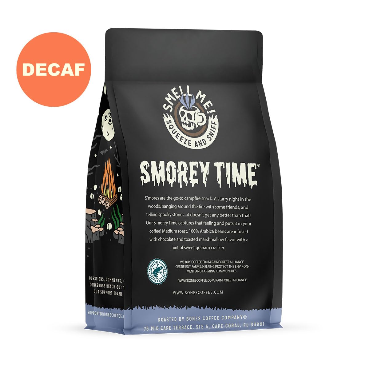 Bones Coffee Decaf S'morey Time aroma mug displays toasted marshmallow and graham notes.