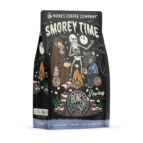 Bones Coffee Decaf S'morey Time bag shot highlights convenient, ready-to-brew flavor.