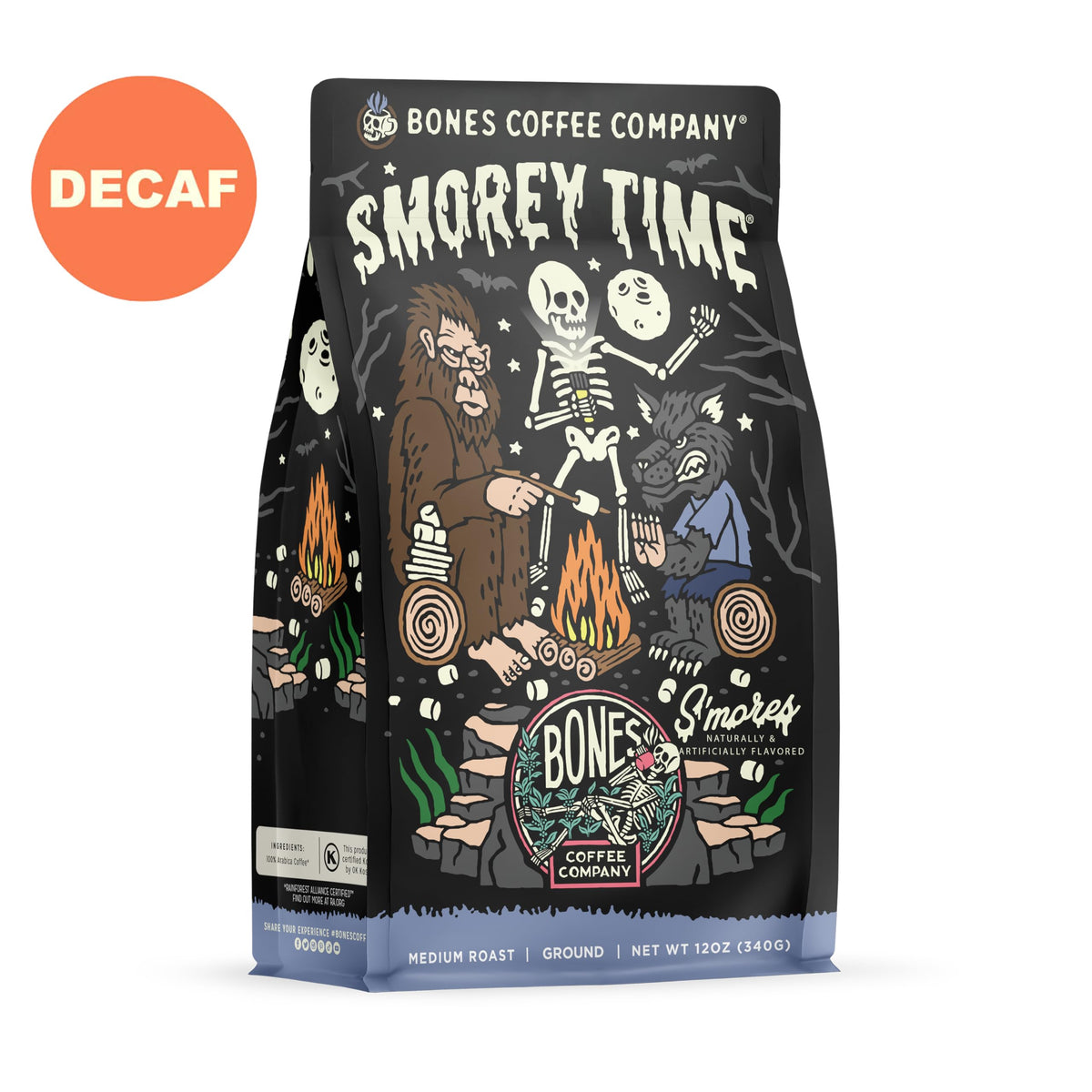 Bones Coffee Company Decaf S'morey Time beans emphasize fresh, small-batch craft.