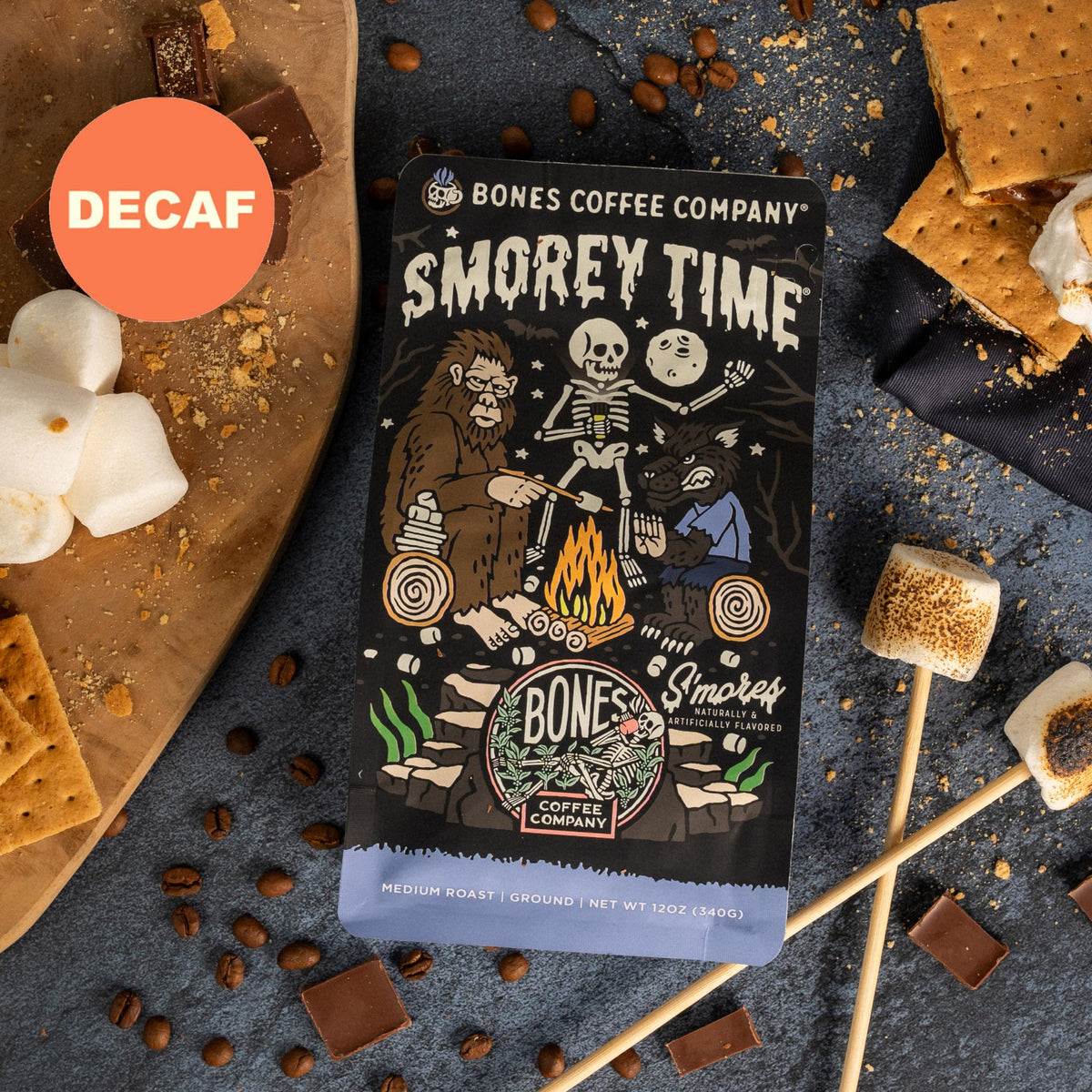 Bones Coffee Decaf S'morey Time graham notes offer delightful dessert-inspired flavor.