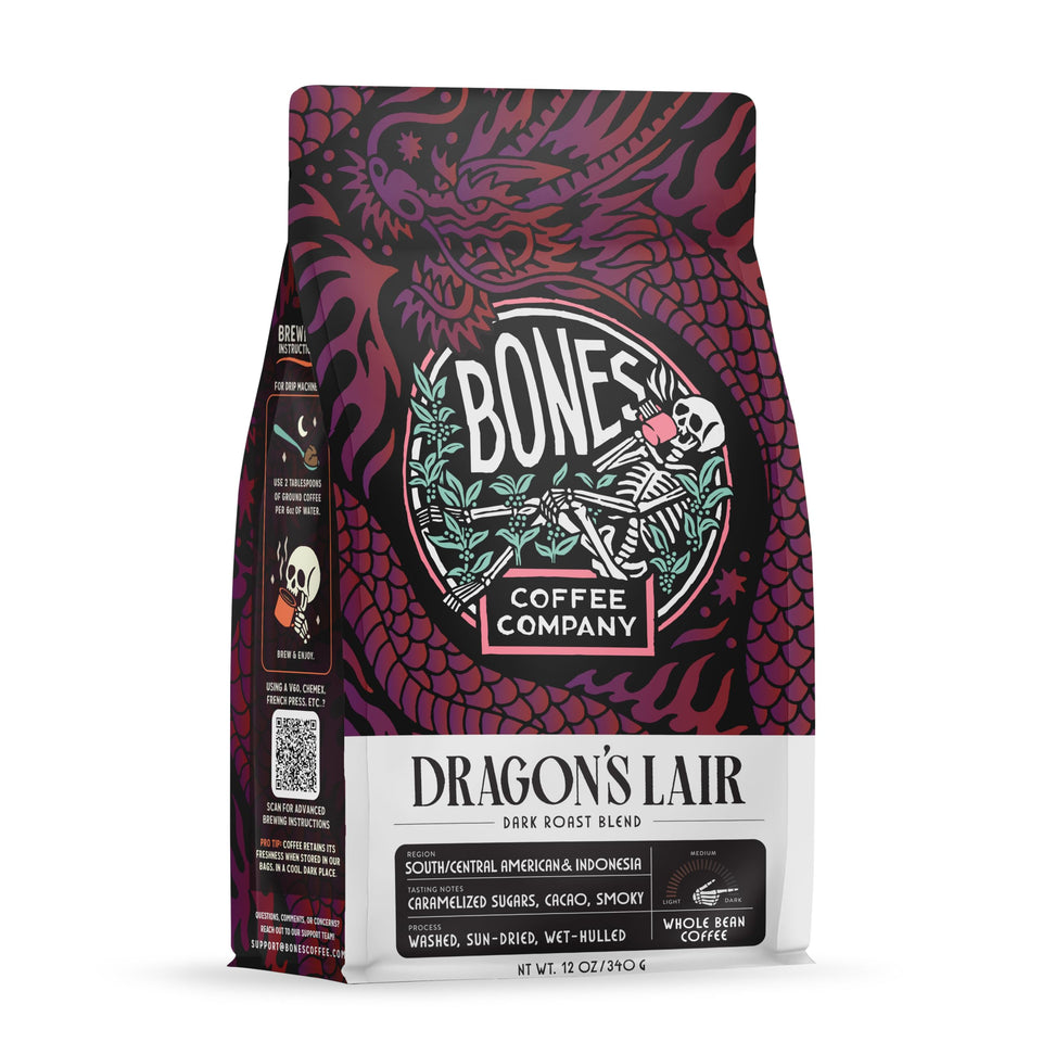 Bones Coffee Dragon's Lair bag label highlights bold, low-acid flavor.