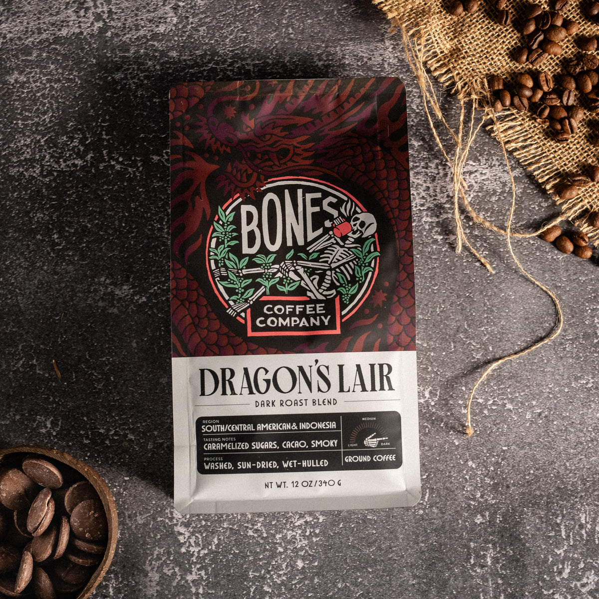 French press brew of Dragon's Lair delivers full-bodied flavor.