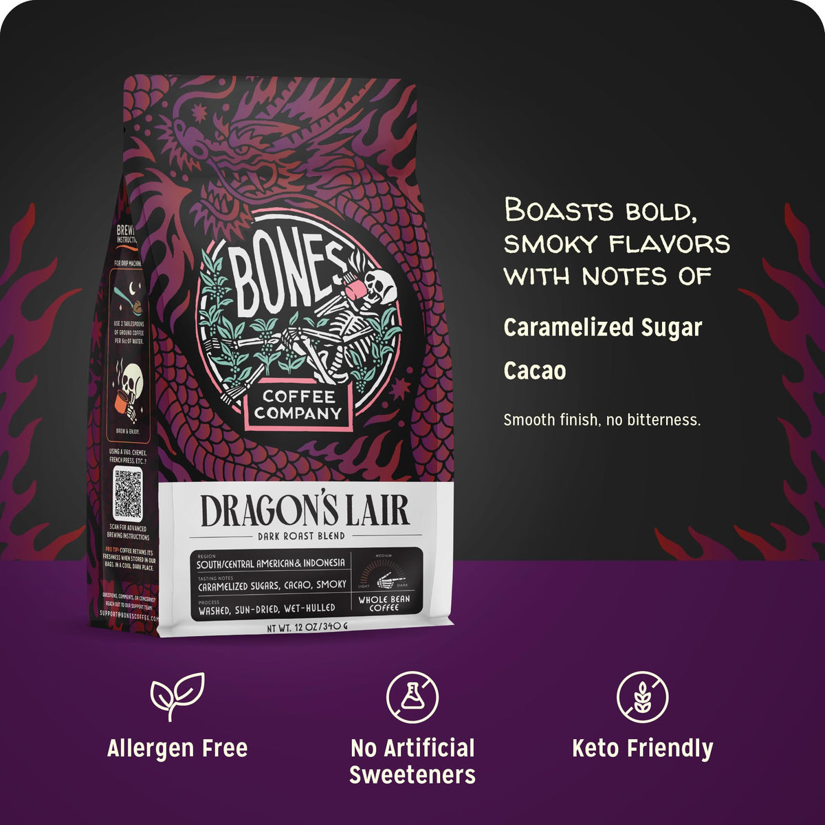 Bones Coffee Dragons Lair brewed cup steam highlighting bold flavor