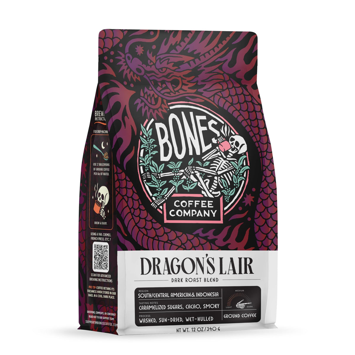 Bones Coffee Dragons Lair ground coffee bag front with bold aroma