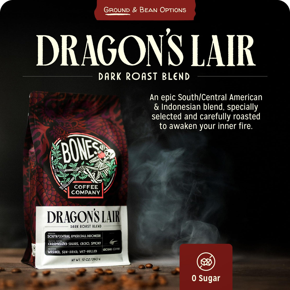 Bones Coffee Dragons Lair ground coffee pack closeup for pour-over readiness