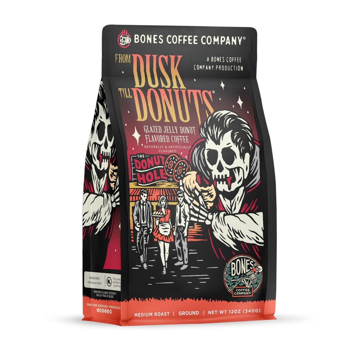 Bones Coffee From Dusk Till Donuts bag-front with fresh aroma and small-batch quality.