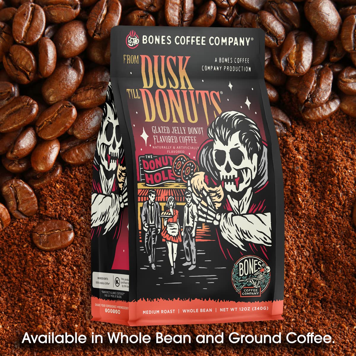 Bones Coffee From Dusk Till Donuts ground coffee ideal for French press brewing.
