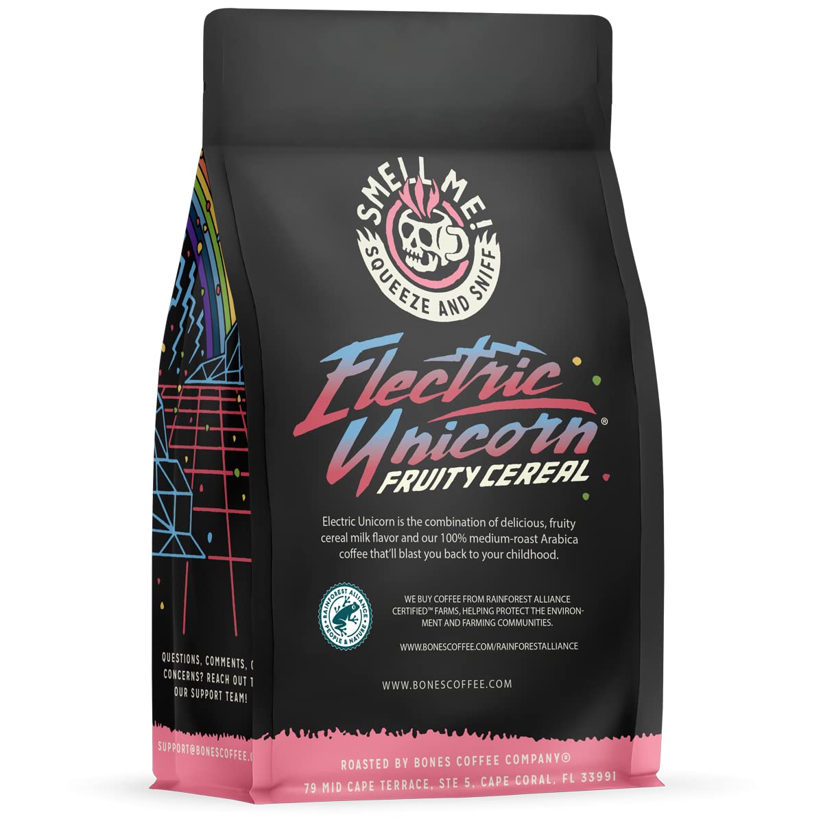 Bones Coffee Electric Unicorn bag back highlights vegan and keto friendly credentials