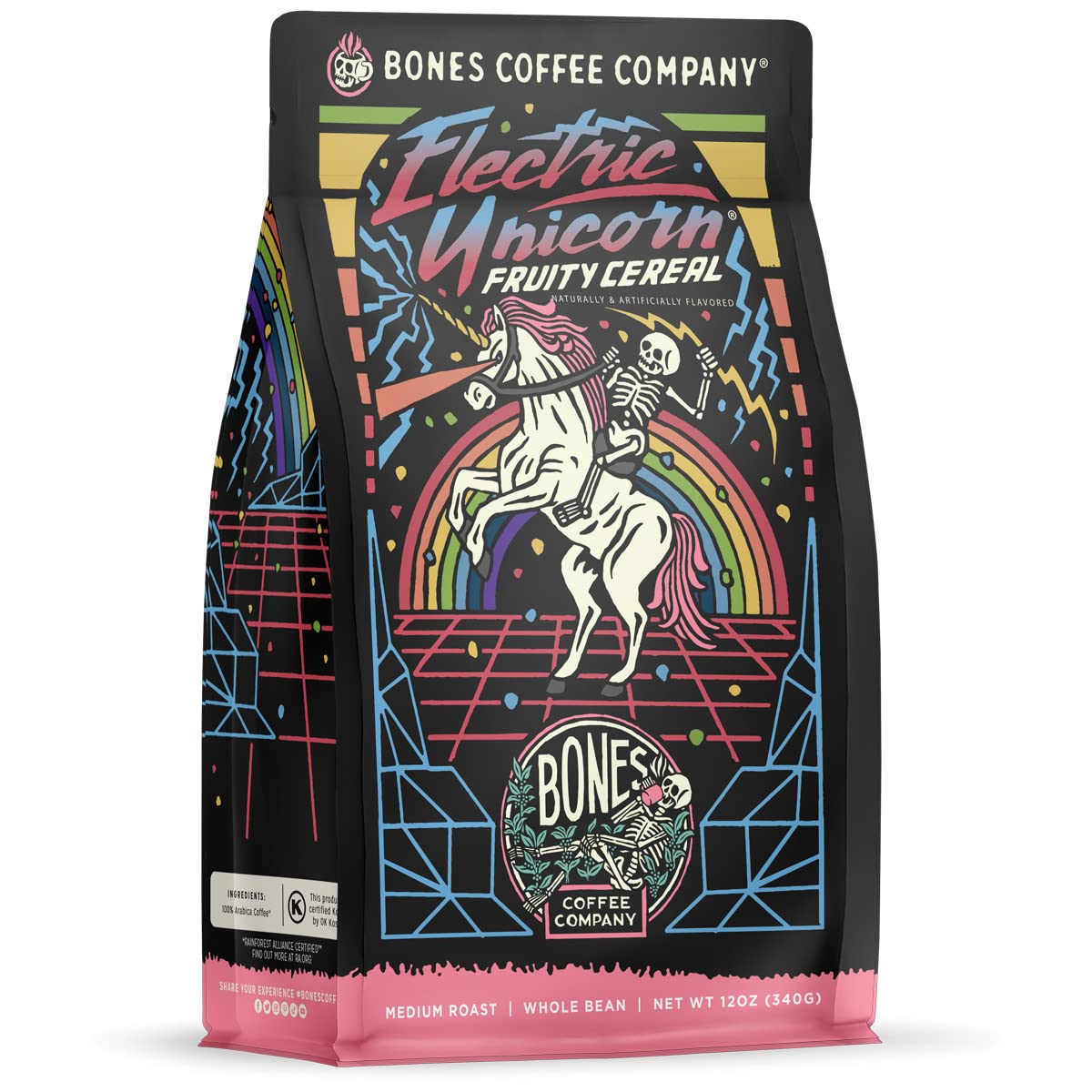 Bones Coffee Electric Unicorn bag front shows fruity cereal flavor for daily indulgence