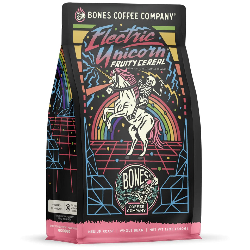 Bones Coffee Electric Unicorn bag front shows fruity cereal flavor for daily indulgence