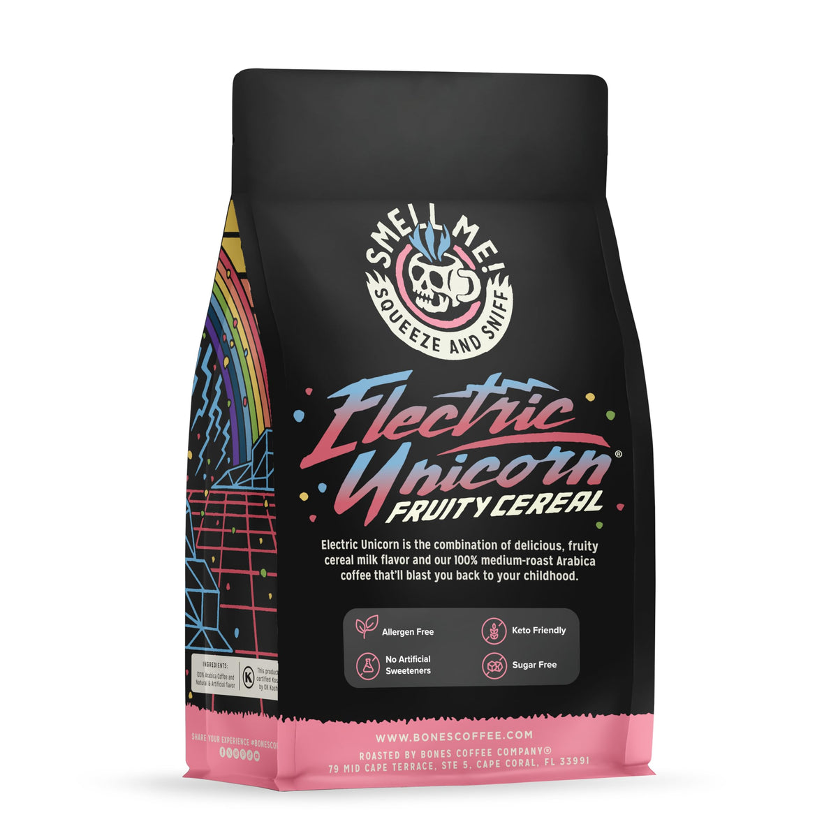 Bones Coffee Electric Unicorn bag showing resealable packaging to keep freshness