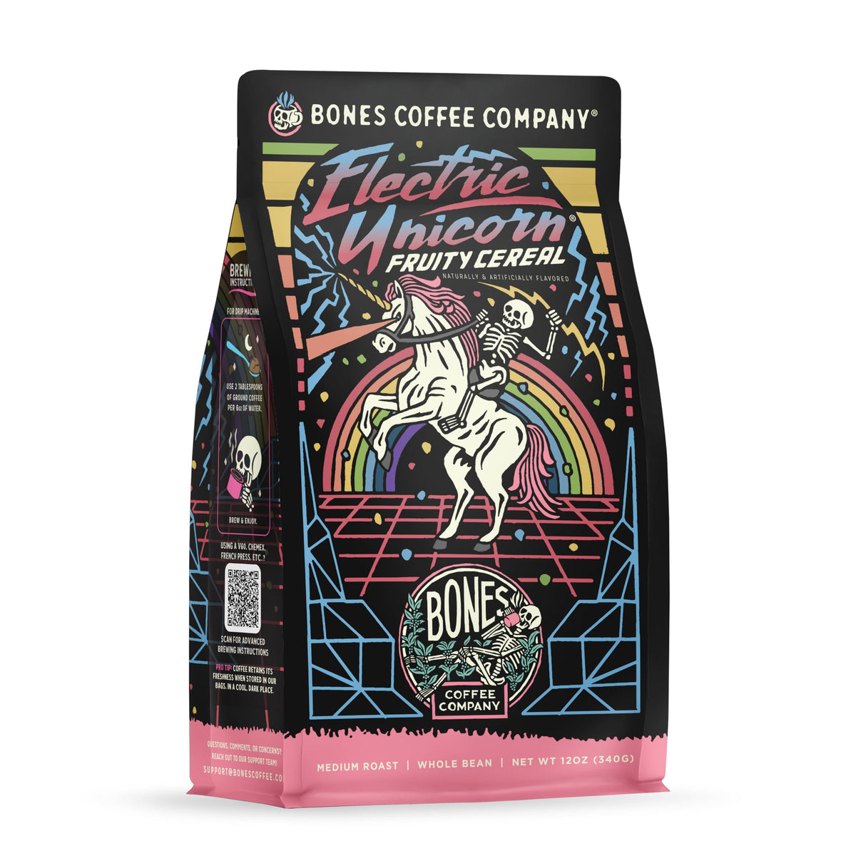 Bones Coffee Electric Unicorn cup highlighting fruity aroma and smooth finish for an indulgent morning