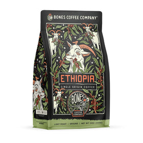 Bones Coffee Company Ethiopia ground coffee bag highlights freshness for auto drip.