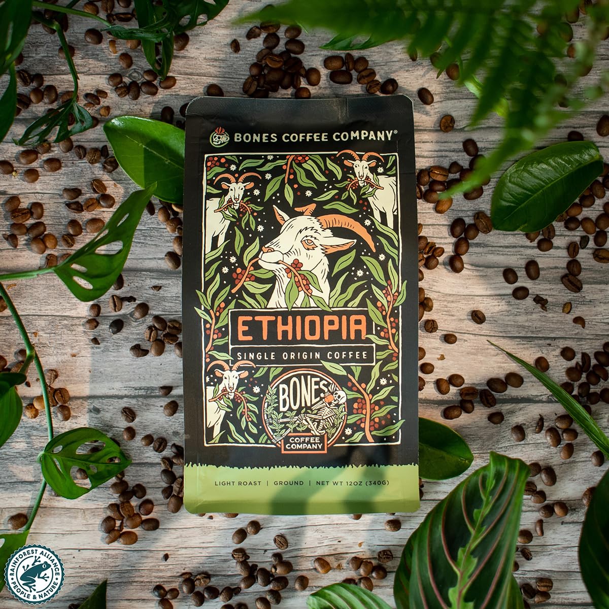 Bones Coffee Company Ethiopia ground coffee packaging emphasizes freshness.