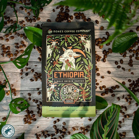 Bones Coffee Company Ethiopia ground coffee packaging emphasizes freshness.