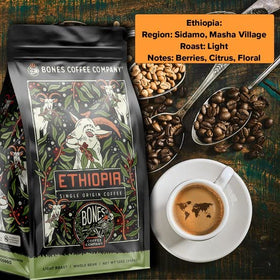Bones Coffee Company Ethiopia whole beans reveal vibrant flavors.