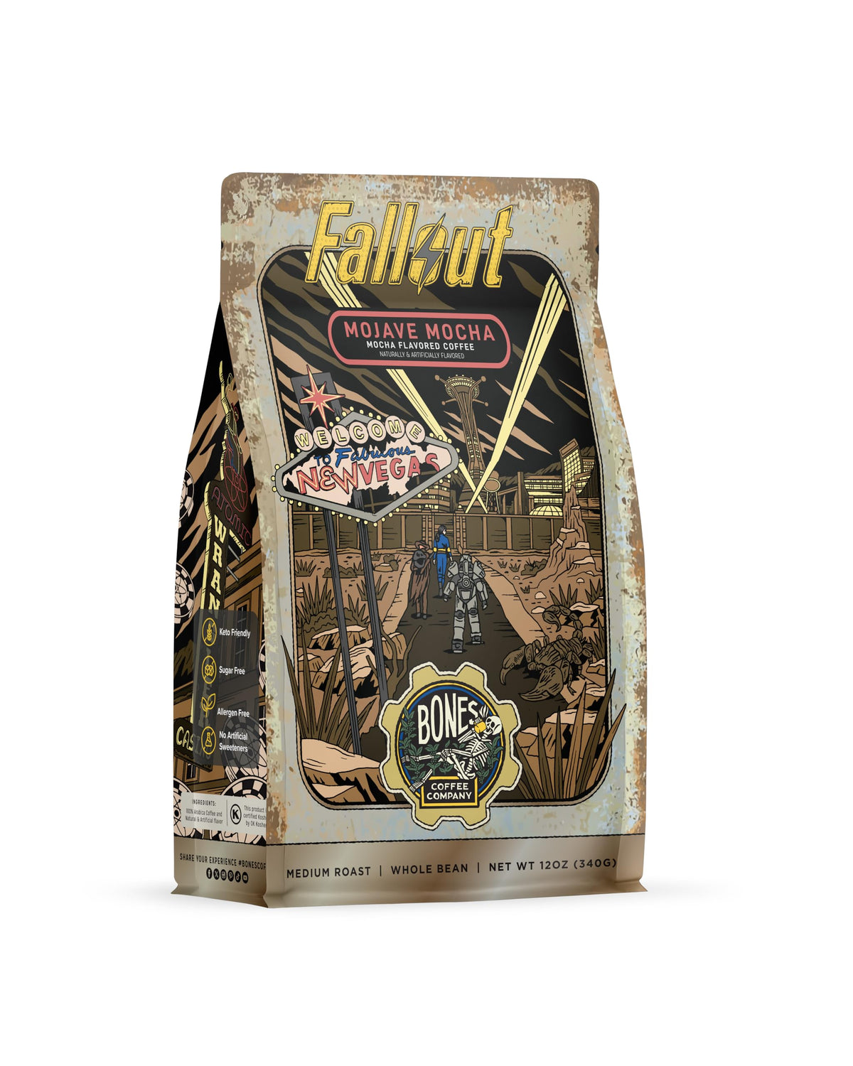Bones Coffee Fallout Mojave Mocha 12oz bag with bold aroma for morning energy.