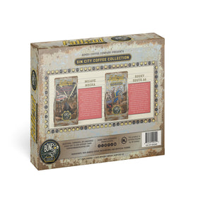 Bones Coffee Fallout Sin City collector box back, flavor notes for tastings.