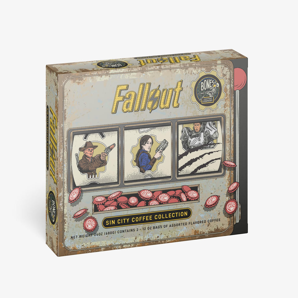 Bones Coffee Fallout Sin City collector box front, gift-worthy flavor set.