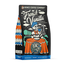 Bones Coffee French Vanilla bag with rich aroma and creamy flavor.