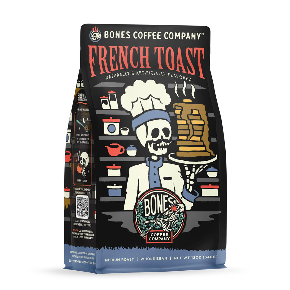 Bones Coffee French Toast aroma rises from whole beans, inviting a breakfast-inspired brew.