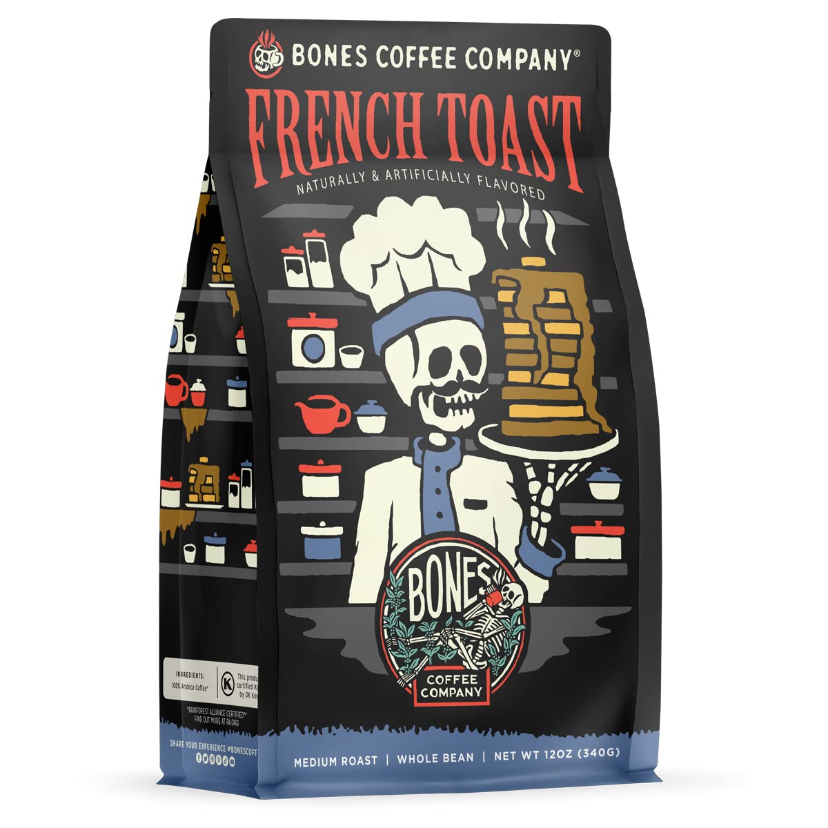 Bones Coffee Company French Toast bag front signals premium flavor for busy mornings.