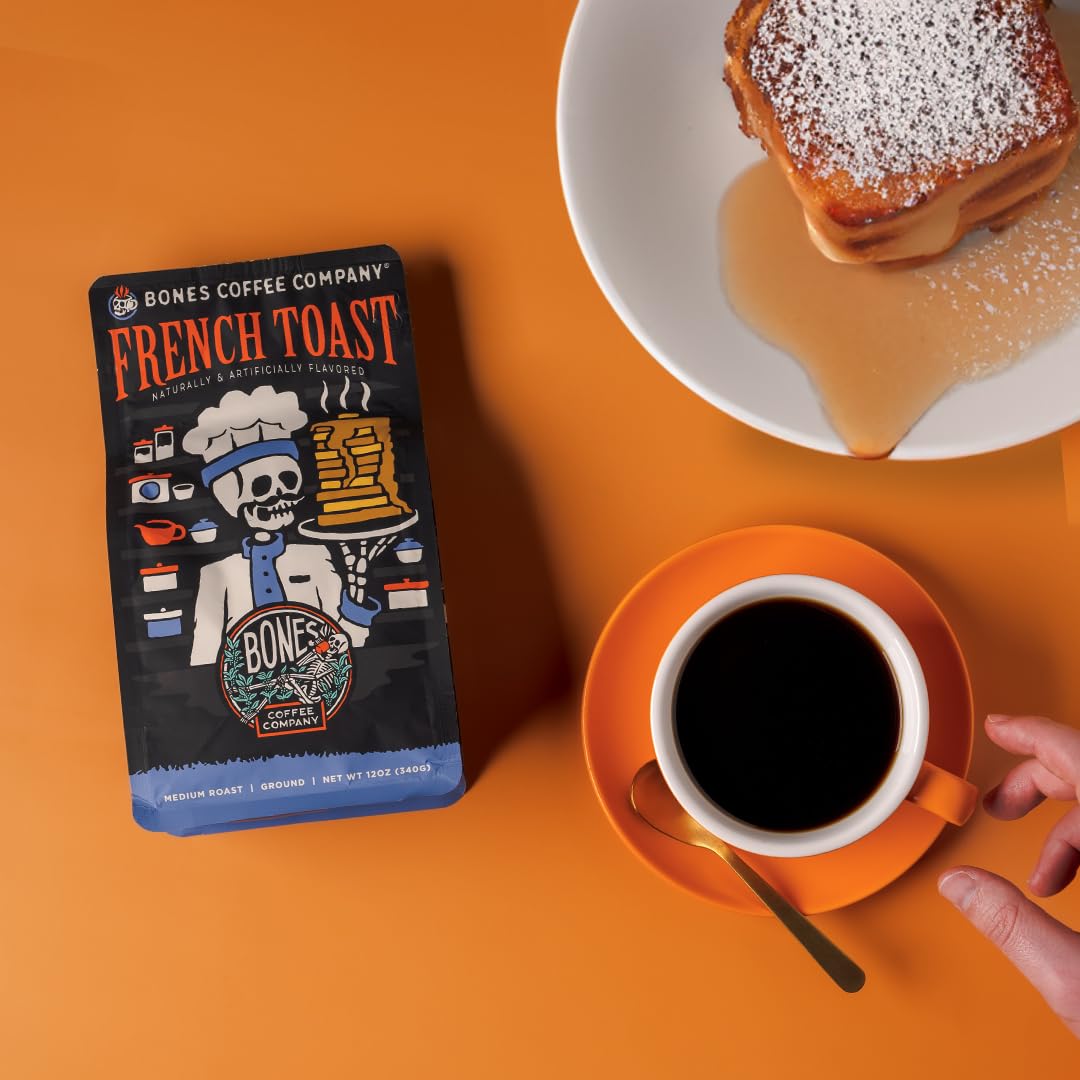 Bones Coffee Company French Toast bag open reveals fresh aroma for grinding.