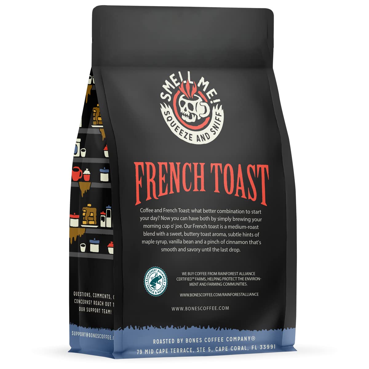 Bones Coffee Company French Toast coffee cup steaming invites a comforting start.