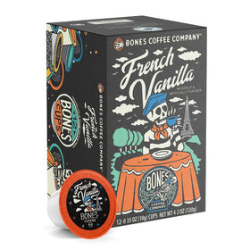 Bones Coffee Company French Vanilla pods packaging, convenient single-serve option