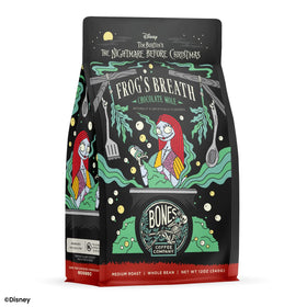 Bones Coffee Frog's Breath bag label highlights premium small-batch roasting