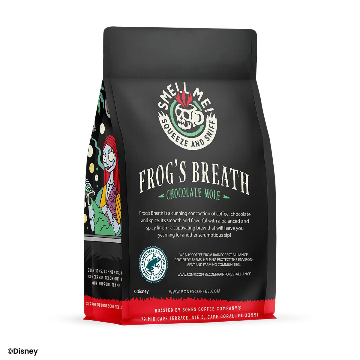 Bones Coffee Frog's Breath ground coffee pack ready for auto-drip