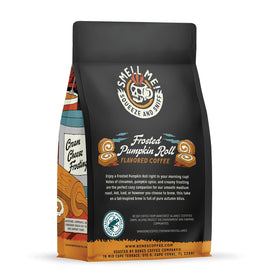 Bones Coffee Company Frosted Pumpkin Roll cup with foam, inviting seasonal aroma