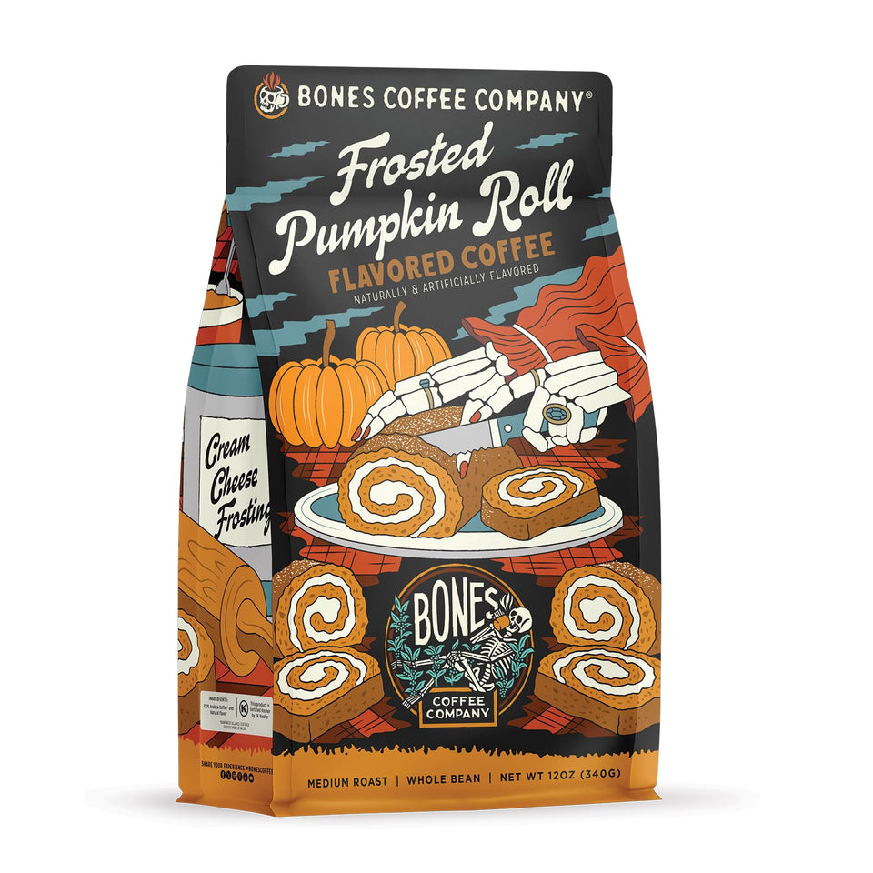 Bones Coffee Company Frosted Pumpkin Roll whole bean for rich autumn flavor