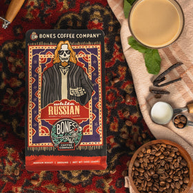 Bones Coffee Company ground auto drip setup, quick morning brew ready