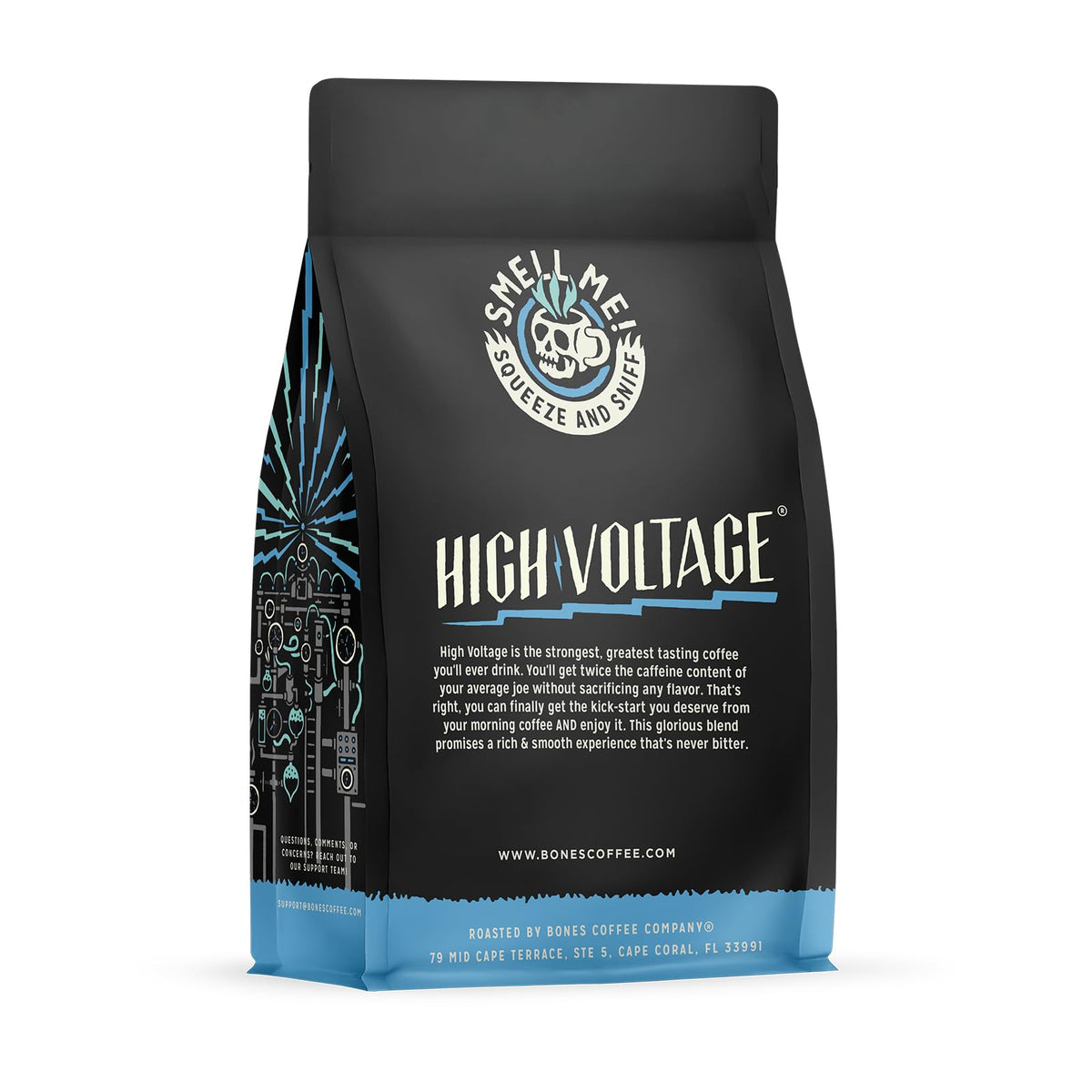 Bones Coffee High Voltage beans close-up highlighting bold aroma and premium roast.