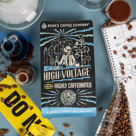 Bones Coffee High Voltage brew cup with rich flavor and strong aroma.
