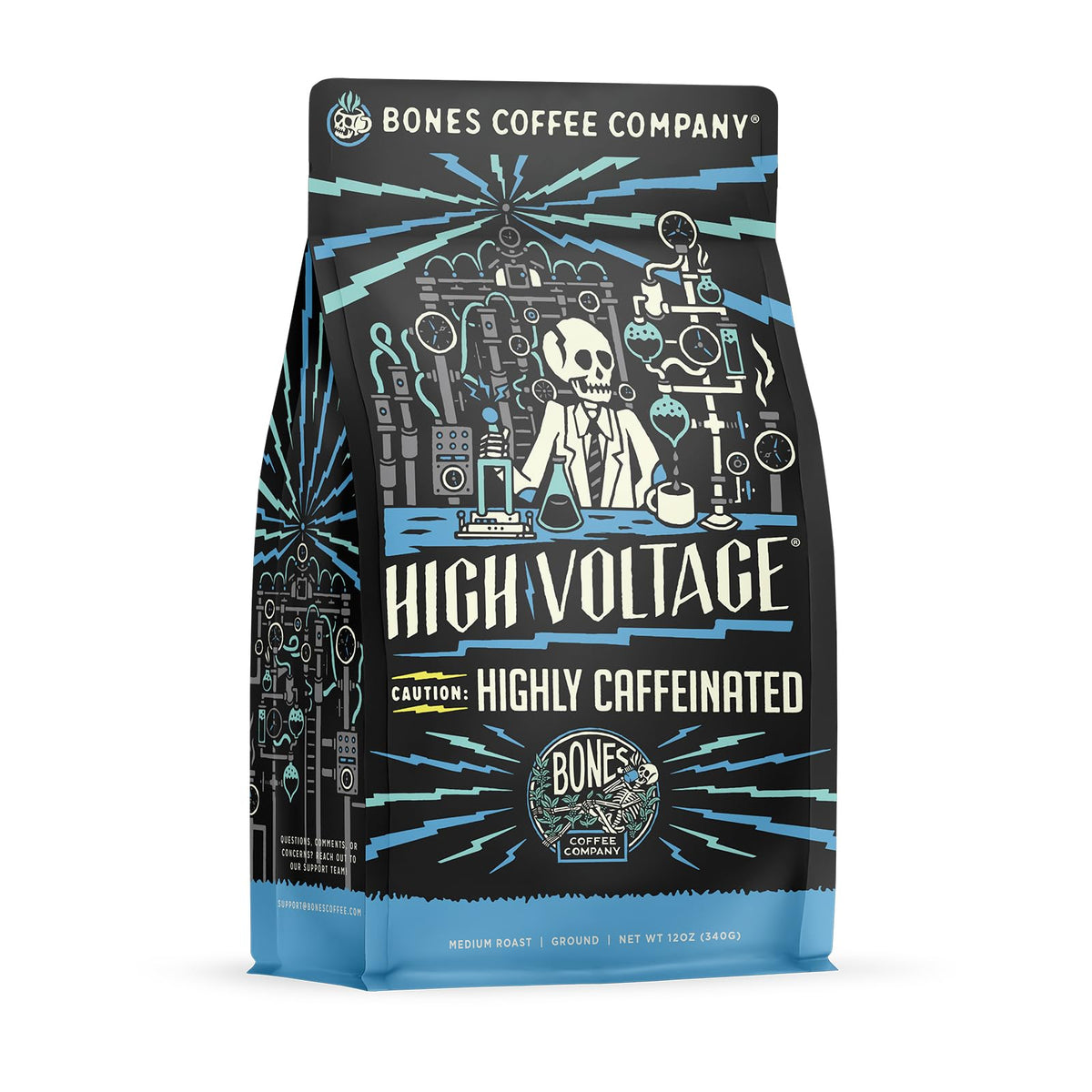 Bones Coffee High Voltage front bag showing bold branding for mornings