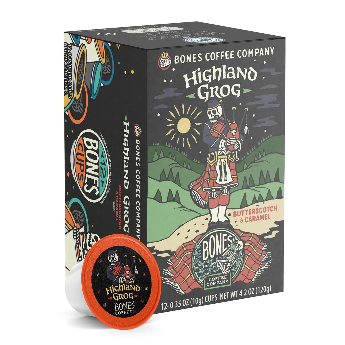 Bones Coffee Highland Grog pod close-up highlighting rich, spiced flavor notes for home savoring.
