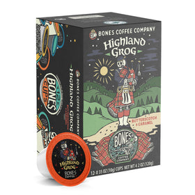 Bones Coffee Highland Grog pod close-up highlighting rich, spiced flavor notes for home savoring.